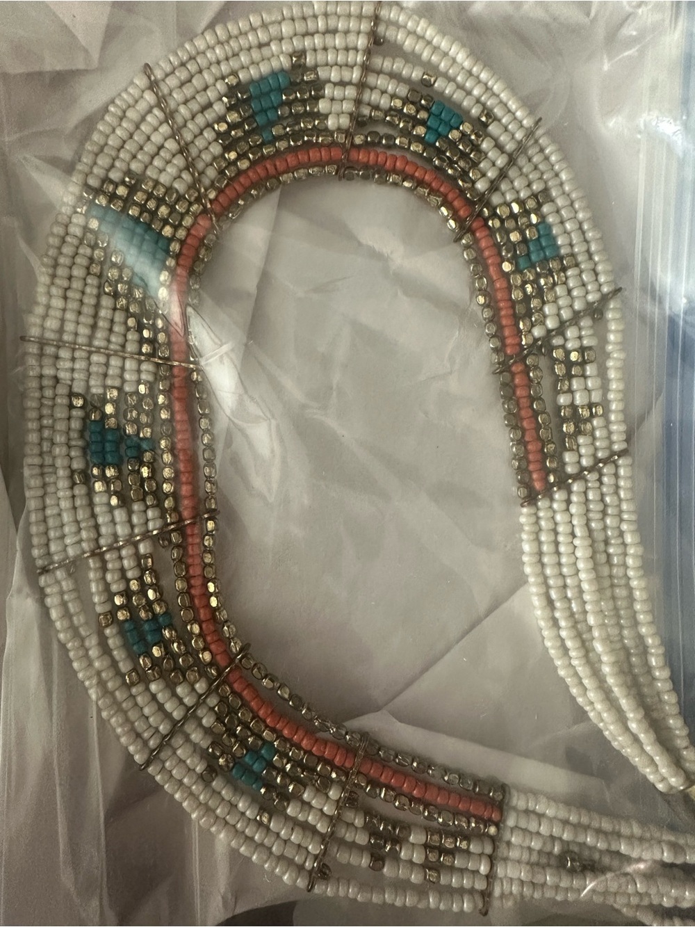Handmade White Beaded Collar Necklace with Coral and Teal Accents